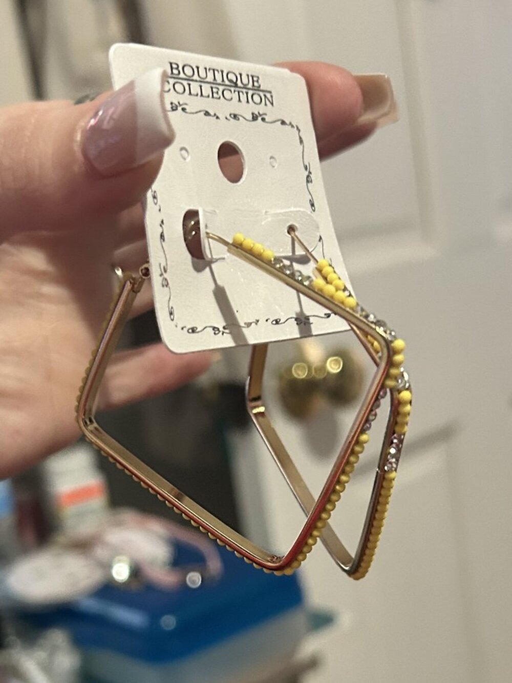 Yellow Beaded Square Hoop Earrings - Picture 3 of 4
